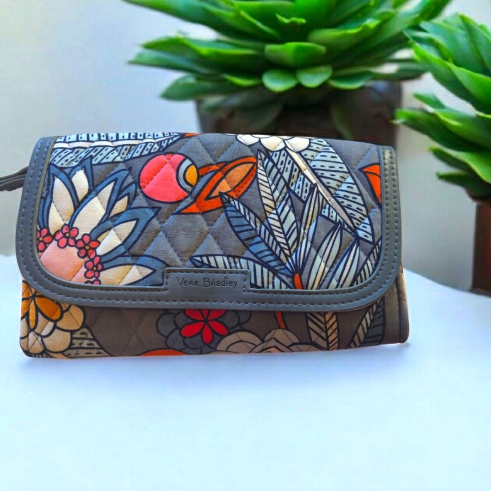 Vera Bradley Tropical Evening Gray and Blue Clutch with Artistic Floral Design